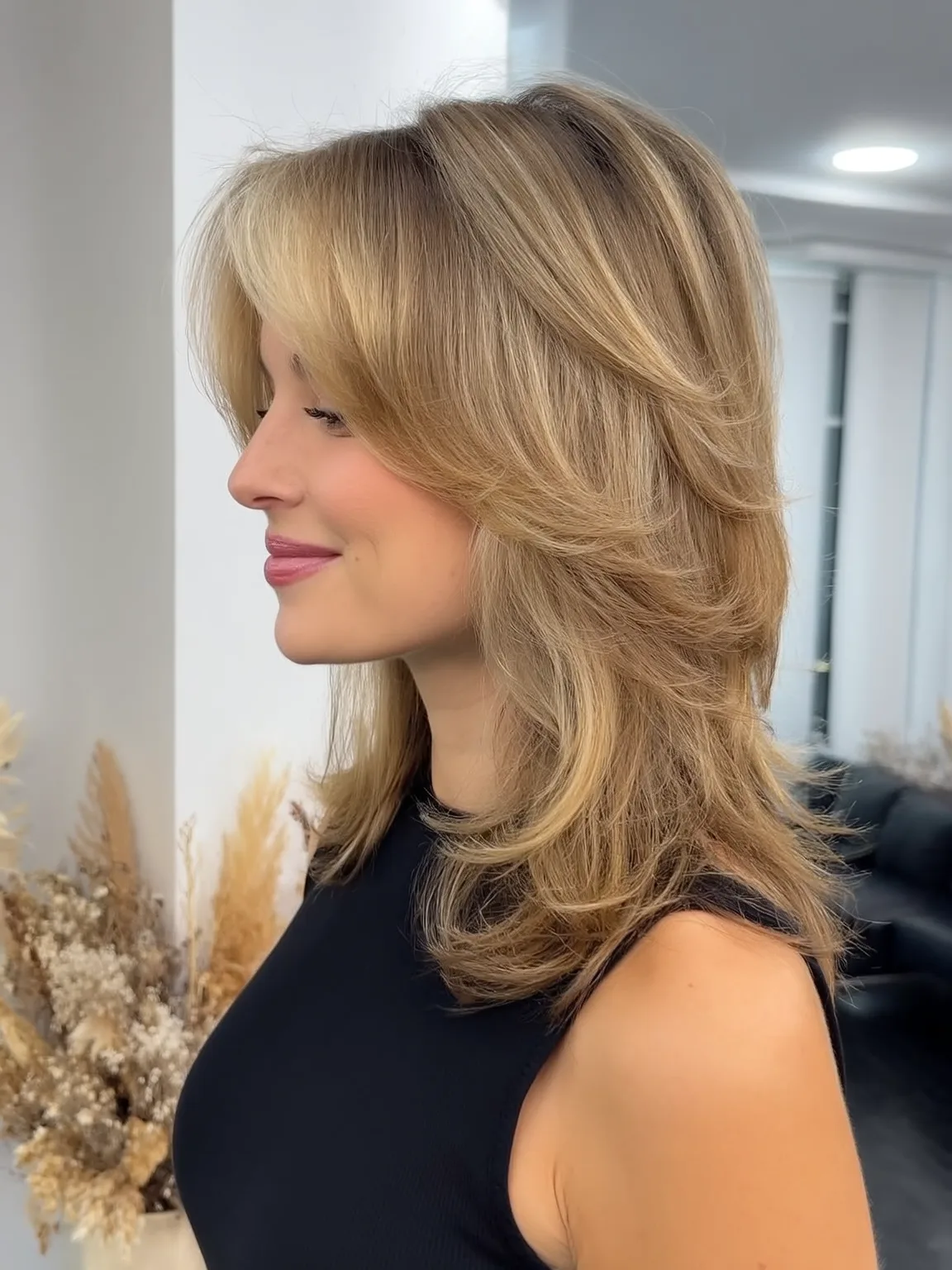 Voluminous Warm Caramel Blonde Feathered Layers with Side Bangs